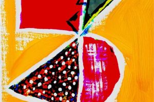 MH Mundy self portrait MH Mundy's Abstract self-portrait by M. H. Mundy featuring vivid geometric shapes in red, yellow, and green, inspired by Huichol yarn paintings and Oaxacan alebrije folk art.