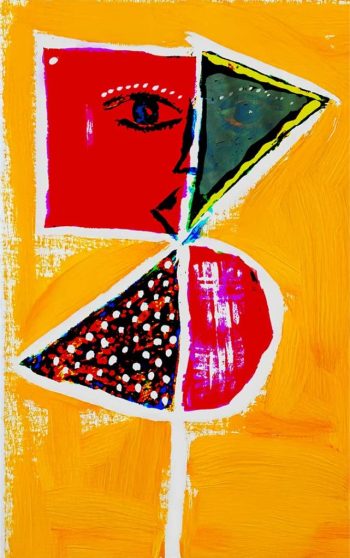 MH Mundy's Abstract self-portrait by M. H. Mundy featuring vivid geometric shapes in red, yellow, and green, inspired by Huichol yarn paintings and Oaxacan alebrije folk art.