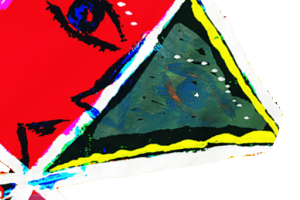 M. H. Mundy’s abstract self-portrait variation showing stylized eye and face elements outlined in green and red with geometric shapes.